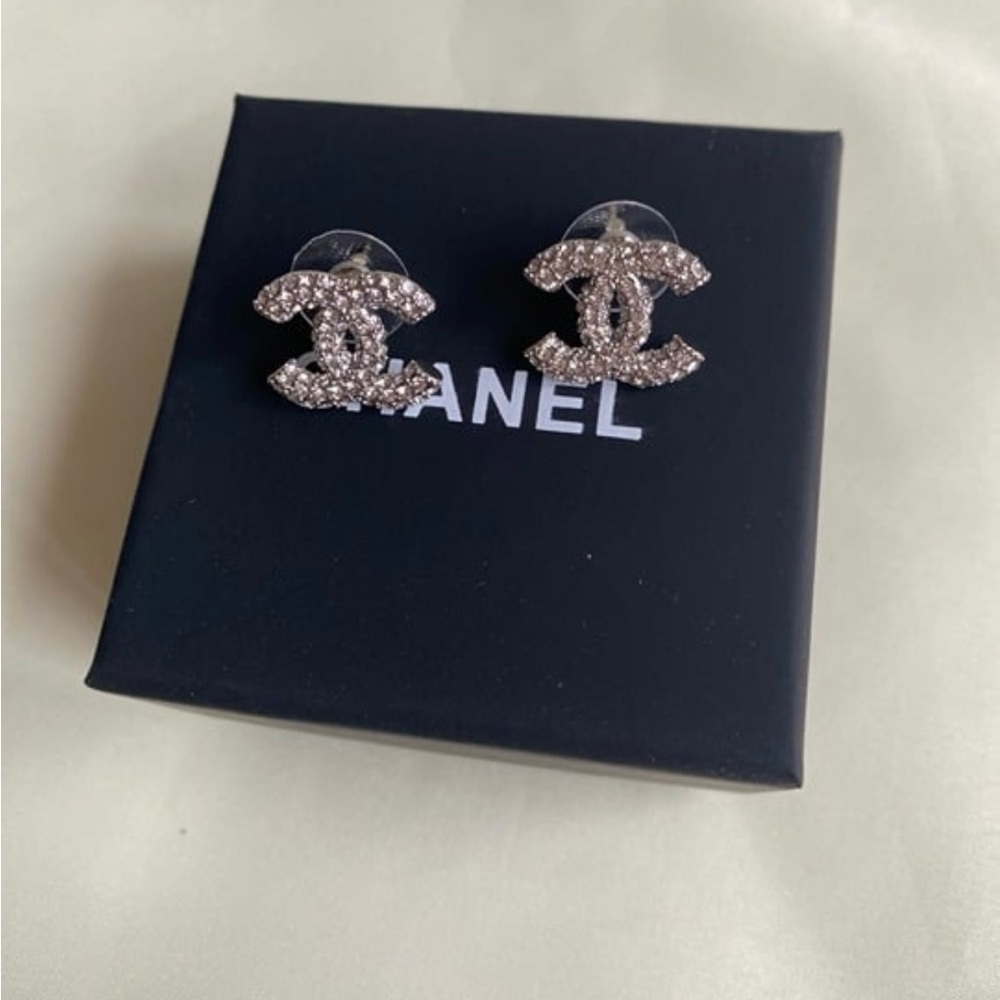 Authentic Chanel Double CC silver rhinestone earrings